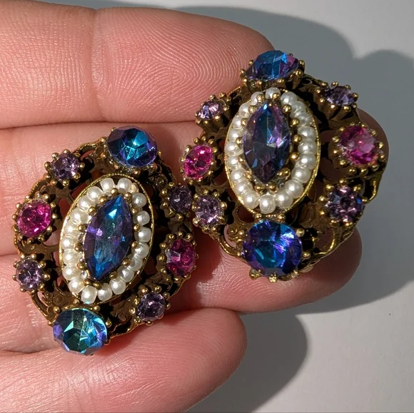 EVC SIGNED WEISS GOLD TONE CRYSTAL RHINESTONES & FX PEARLS HINGE BRACELET & EARR - Picture 10 of 14